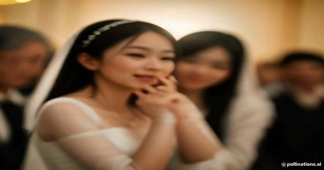 A group of wedding guests smiling and dancing in a softly lit reception room, captured by a phone camera.