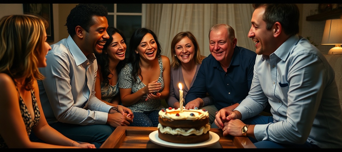 Party guests laughing around a table as someone blows out a birthday candle
