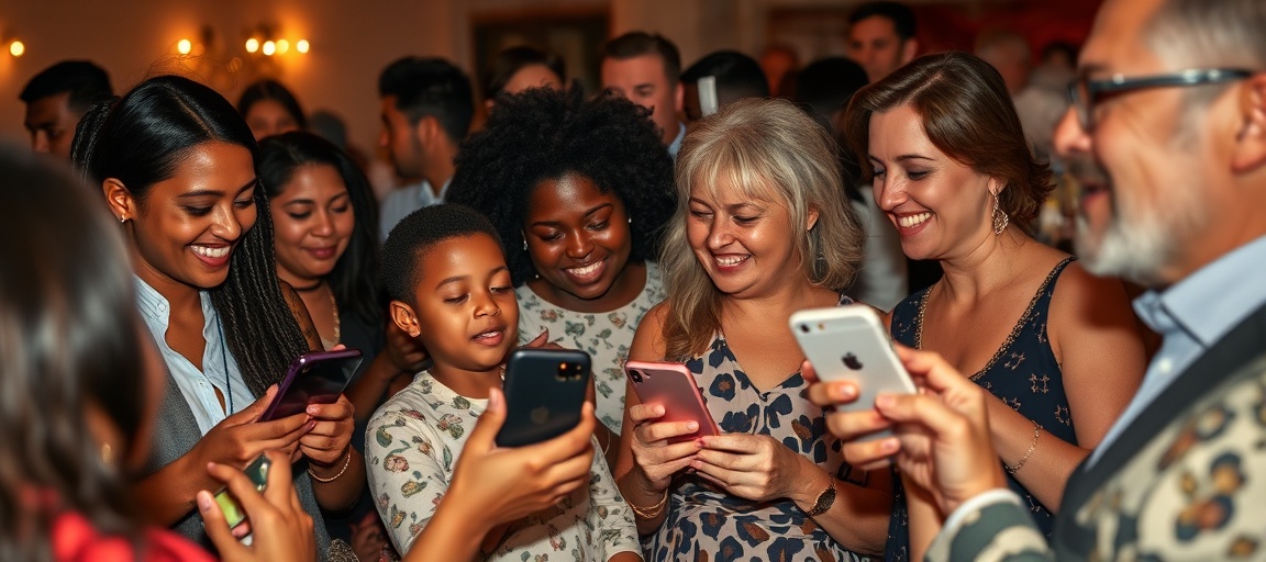 People at an event taking and sharing photos on their phones, creating shared memories together.