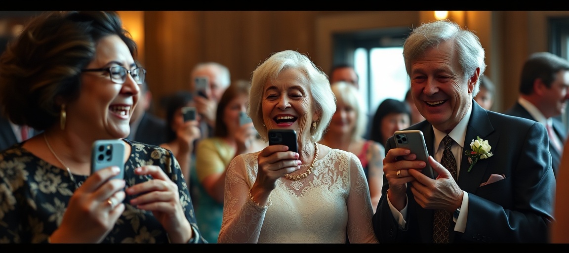 Wedding guests at a reception taking photos with a disposable camera and their smartphones.