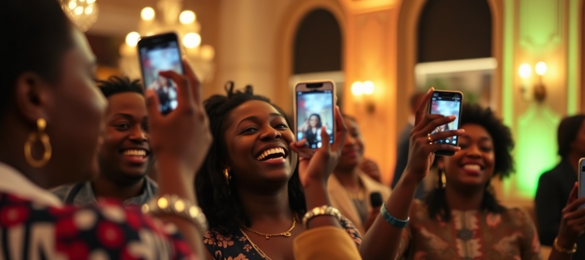 People at an event using their phones to capture moments, with soft lighting on their faces.