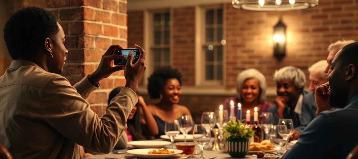 A person leaning against a pillar holding a phone with both hands to take a steady photograph at an indoor party.