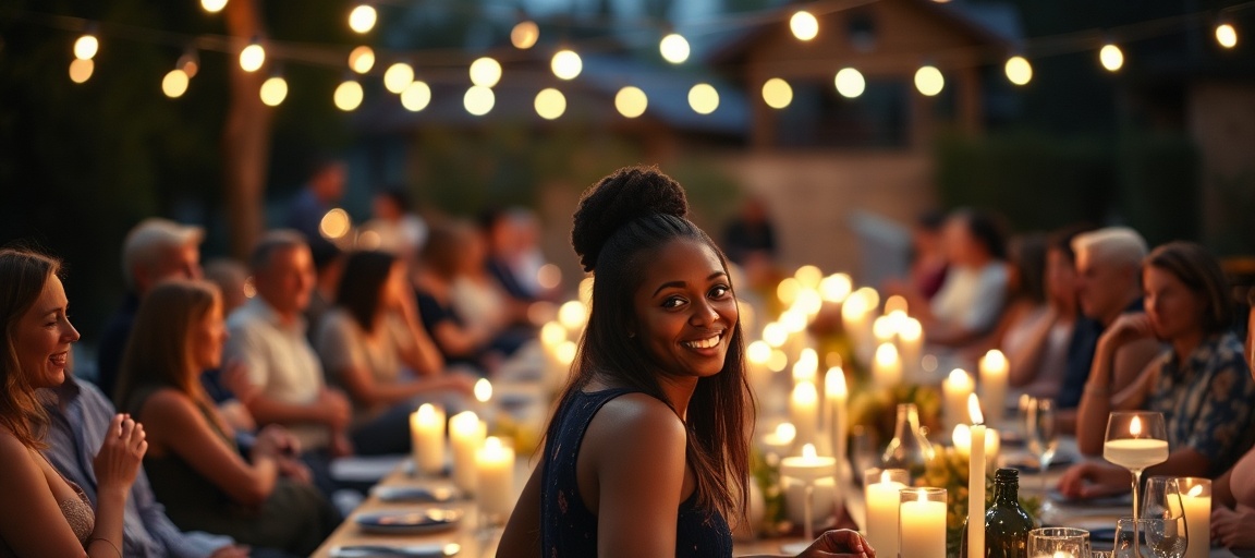 People enjoying an outdoor evening event, with soft light from candles and string lights illuminating their faces.