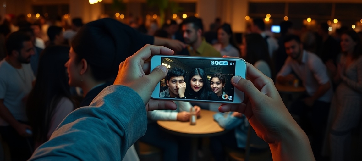 A person holding up a phone to take a group photo of four friends seated around a low-lit table at an event.
